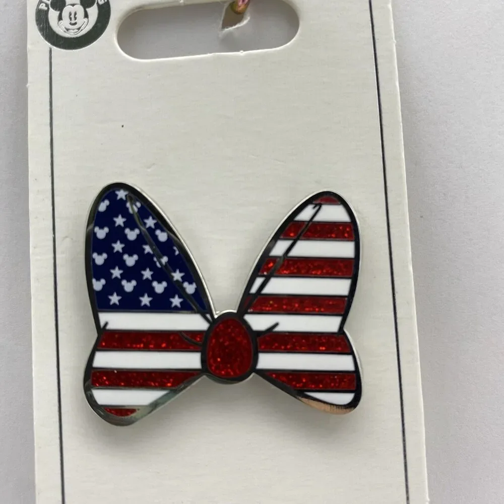 Disney Parks Pin Minnie Mouse Americana Glitter Bow USA Flag Trading Pin